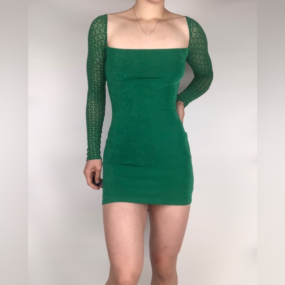 Lucy In The Sky Glitter Diamond Long Sleeve Dress in Green - Picture 6 of 8